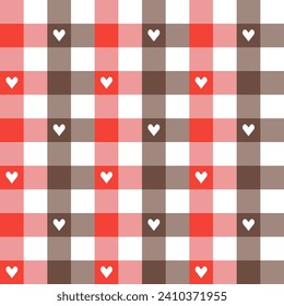 Patrón rojo y marrón plagado con fondo cardíaco. fondo de patrón de plaid. fondo trenzado. Patrón sin foco. de fondo, decoración, envoltura de regalo, mantel de gingham, manta, tartán.