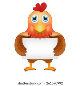 red brown rooster in front view holding blank notice board animal vector illustration isolated on white
