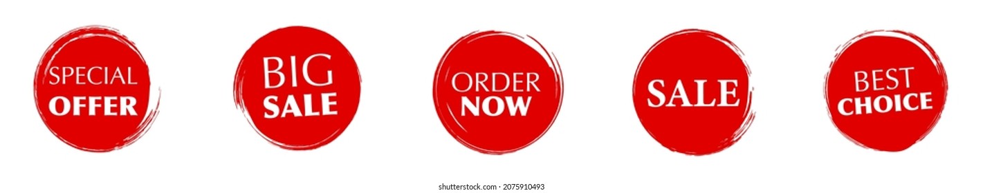 
Red brush circle set, badges and banners. Big sale, best choice, order now, special offer. Banners and stickers. Vector illustration
