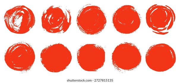Conjunto de círculo de pincel rojo. Dibujado a mano con textura en bruto pintado bandera japonesa. Grunge sello rojo manchas de tinta, salpicaduras. Salpicadura dinámica del estilo del garabato de los Elementos ásperos de la insignia de la acuarela abstracta del Vector asiático, goteo