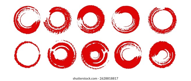 Red brush circle stamp, flag of Japan. Hand drawn round frame with grunge crayon texture and scribble effect. Rough paint stroke for bold, artistic design elements. Vector illustration