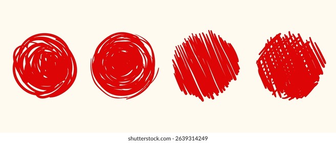 Red brush circle stamp, flag of Japan. Hand drawn round frame with grunge crayon texture and scribble effect. Rough paint stroke for bold, artistic design elements. Vector illustration