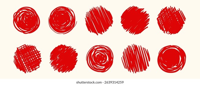 Red brush circle stamp, flag of Japan. Hand drawn round frame with grunge crayon texture and scribble effect. Rough paint stroke for bold, artistic design elements. Vector illustration