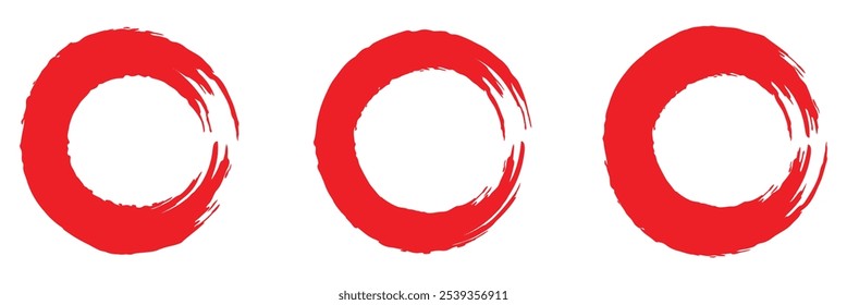 Vector rojo del movimiento del círculo del cepillo aislado en el fondo blanco. Pincelada de círculo zen rojo. Para sello, sello, tinta y Plantilla de diseño de pincel. Grunge dibujado a mano forma de círculo.