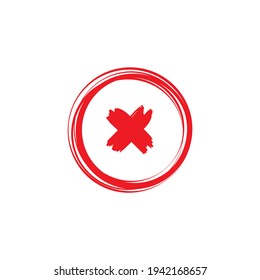 Red brush painted cross in circle. Delete hand drawn button. Warning error icon. Flat vector icon isolated on white.  Cancel seal stamp watermark. Flat round X mark.