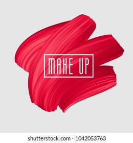 Red brush painted smear for makeup logo. Vector beautiful brushstroke, female girly banner. Red Lipstick Mark.
