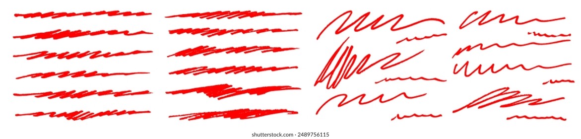 Red brush pen emphasis lines. Red color marker underlines, strikethroughs, highlights and scribbles. Doodle sketch vector crimson color hand drawn marks on paper. Fake signature signs