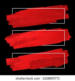 Red brush stoke texture on black background with white line frame vector illustration