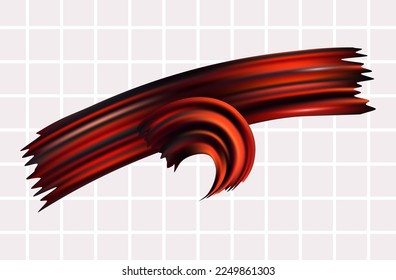 Roter Pinselstrich 3d. Ornate Form der Farbe, Blutwirkung, Spritzen von flüssiger Tinte. Wavy Pinselstrich curl, hellroter künstlerischer Splash. Kurvige Form eines farbigen kurzen Band. Vektorgrafik.
