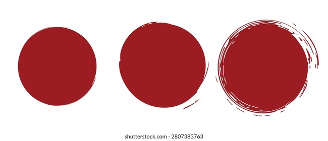 Red Brush Stroke Circle Set - Three Grunge Round Stamps in Minimal Japanese Enso Style