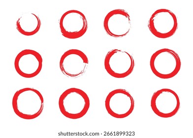 Círculos rojos del trazo del pincel en el fondo blanco. Ilustración de pincel de círculo de grunge. Fondos de la etiqueta del sello del grunge del pincel, marco del círculo. 