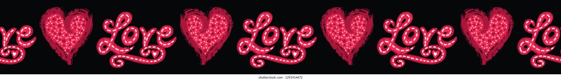 Red brush stroke dotty love hearts with text. Hand drawn seamless repeating  vector border. For valentines day background, romantic wedding or passion proposal banner ribbon tape.