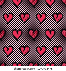 Red brush stroke dotty love hearts with 1950's style polka dots. Hand drawn seamless repeating vector pattern. For valentines day background, romantic wedding or passion proposal textiles.