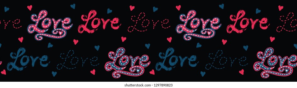Red brush stroke dotty love hearts with denim blue stitched text. Hand drawn seamless repeating vector border. For valentines day banner ribbon, romantic wedding or passion proposal edge trim.