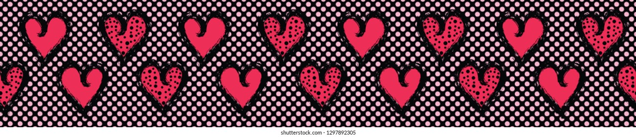 Red brush stroke dotty love hearts with 1950's style polka dots. Hand drawn seamless repeating vector border. For valentines day banner ribbon, romantic wedding or passion proposal edge trim.