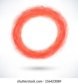 Red brush stroke in the form of a circle with gray shadow. Abstract ring shape. Drawing created in ink sketch handmade technique. Vector illustration graphics design element 10 eps