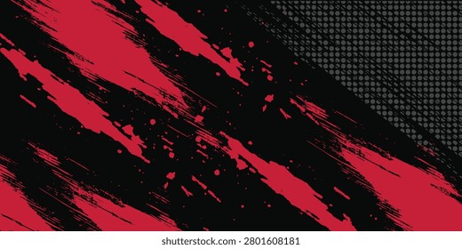 Red brush stroke grunge background with halftone dots and diagonal streaks.