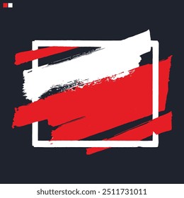 Red brush stroke ink hand painted, white square frame title text background, artistic creative designs badge banner background.