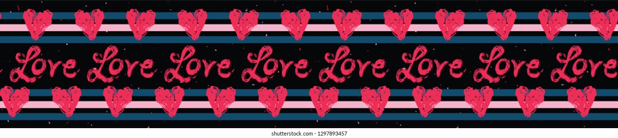 Red brush stroke love hearts with denim blue stripes and creative lettering. Hand drawn seamless repeating vector border. For valentines day banner ribbon, romantic wedding, passion proposal tape.