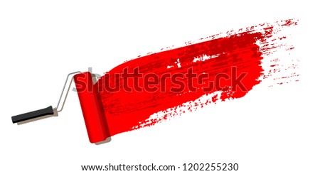 Red brush stroke with paint roller isolated on white background. Vector design element