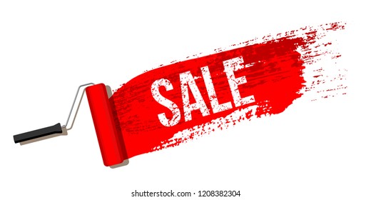 Red brush stroke with Sale word and paint roller isolated on white background. Vector design element