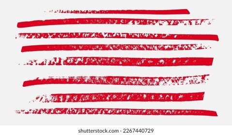 Red brush stroke set. Collection of painted grunge stripes. Ink paint, watercolor design, dirty grunge texture. Handdrawn design elements. Vector illustration isolated on white background.