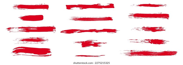 Red brush stroke set. Collection of painted grunge stripes. Ink paint, watercolor design, dirty grunge texture. Handdrawn design elements. Vector illustration isolated on white background.