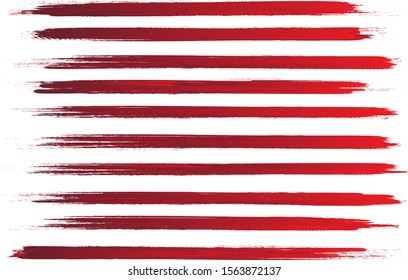 Red brush stroke set isolated on white background. Trendy brush stroke for red ink paint, grunge splash, dirt banner, watercolor design and dirty texture. Creative art concept, vector illustration