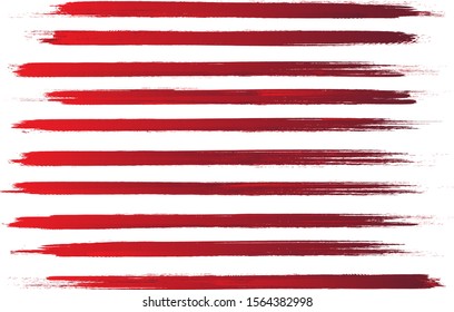 Red brush stroke set isolated on white background. Trendy brush stroke for red ink paint, grunge splash, dirt banner, watercolor design and dirty texture. Creative art concept, vector illustration