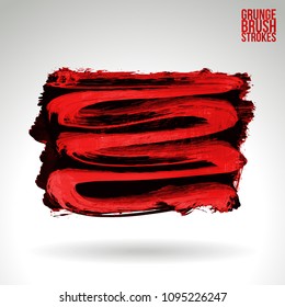 Red brush stroke and texture. Grunge vector abstract hand - painted element. Underline and border design.