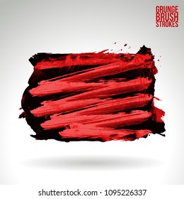 Red brush stroke and texture. Grunge vector abstract hand - painted element. Underline and border design.