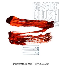 Red brush stroke and texture. Grunge vector abstract hand - painted element. Underline and border design.