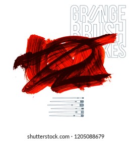 Red brush stroke and texture. Grunge vector abstract hand - painted element. Underline and border design.
