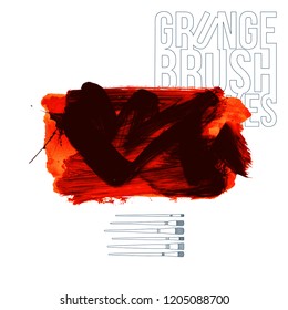 Red brush stroke and texture. Grunge vector abstract hand - painted element. Underline and border design.