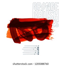 Red brush stroke and texture. Grunge vector abstract hand - painted element. Underline and border design.