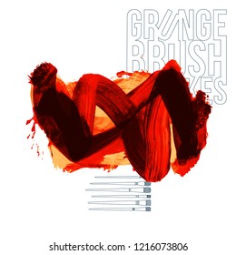 Red brush stroke and texture. Grunge vector abstract hand - painted element. Underline and border design.