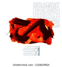 Red brush stroke and texture. Grunge vector abstract hand - painted element. Underline and border design.