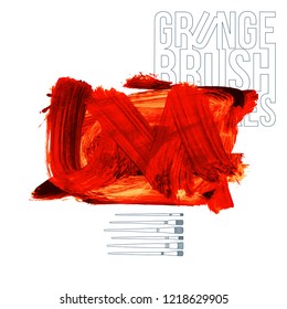 Red brush stroke and texture. Grunge vector abstract hand - painted element. Underline and border design.