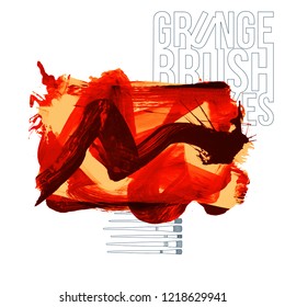 Red brush stroke and texture. Grunge vector abstract hand - painted element. Underline and border design.