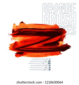 Red brush stroke and texture. Grunge vector abstract hand - painted element. Underline and border design.