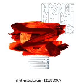 Red brush stroke and texture. Grunge vector abstract hand - painted element. Underline and border design.