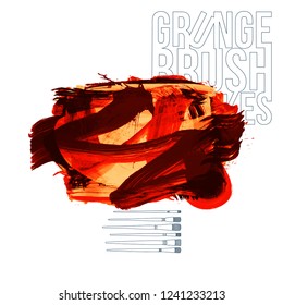 Red brush stroke and texture. Grunge vector abstract hand - painted element. Underline and border design.