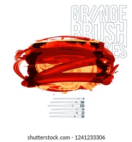 Red brush stroke and texture. Grunge vector abstract hand - painted element. Underline and border design.