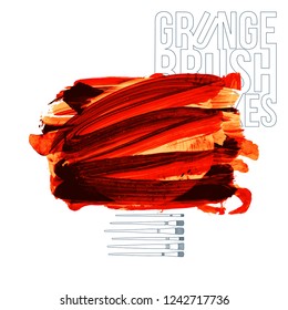 Red brush stroke and texture. Grunge vector abstract hand - painted element. Underline and border design.