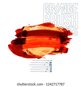 Red brush stroke and texture. Grunge vector abstract hand - painted element. Underline and border design.