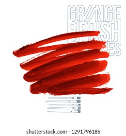Red brush stroke and texture. Grunge vector abstract hand - painted element. Underline and border design.