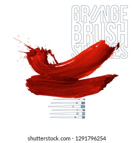 Red brush stroke and texture. Grunge vector abstract hand - painted element. Underline and border design.