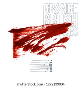 Red brush stroke and texture. Grunge vector abstract hand - painted element. Underline and border design.