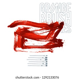 Red brush stroke and texture. Grunge vector abstract hand - painted element. Underline and border design.