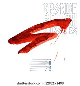 Red brush stroke and texture. Grunge vector abstract hand - painted element. Underline and border design.